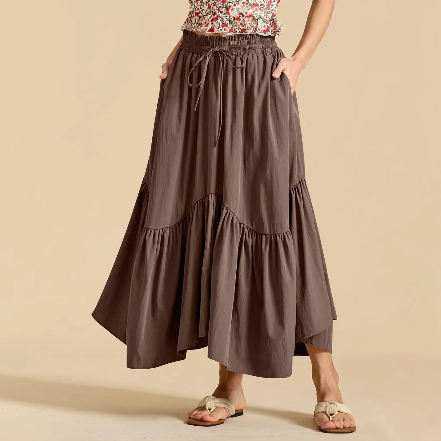 Tiered Maxi Skirts for Women Flowy Swing Elastic High Waisted Skirts Irregular Ruffle Hem Pleated Skirt with Pockets