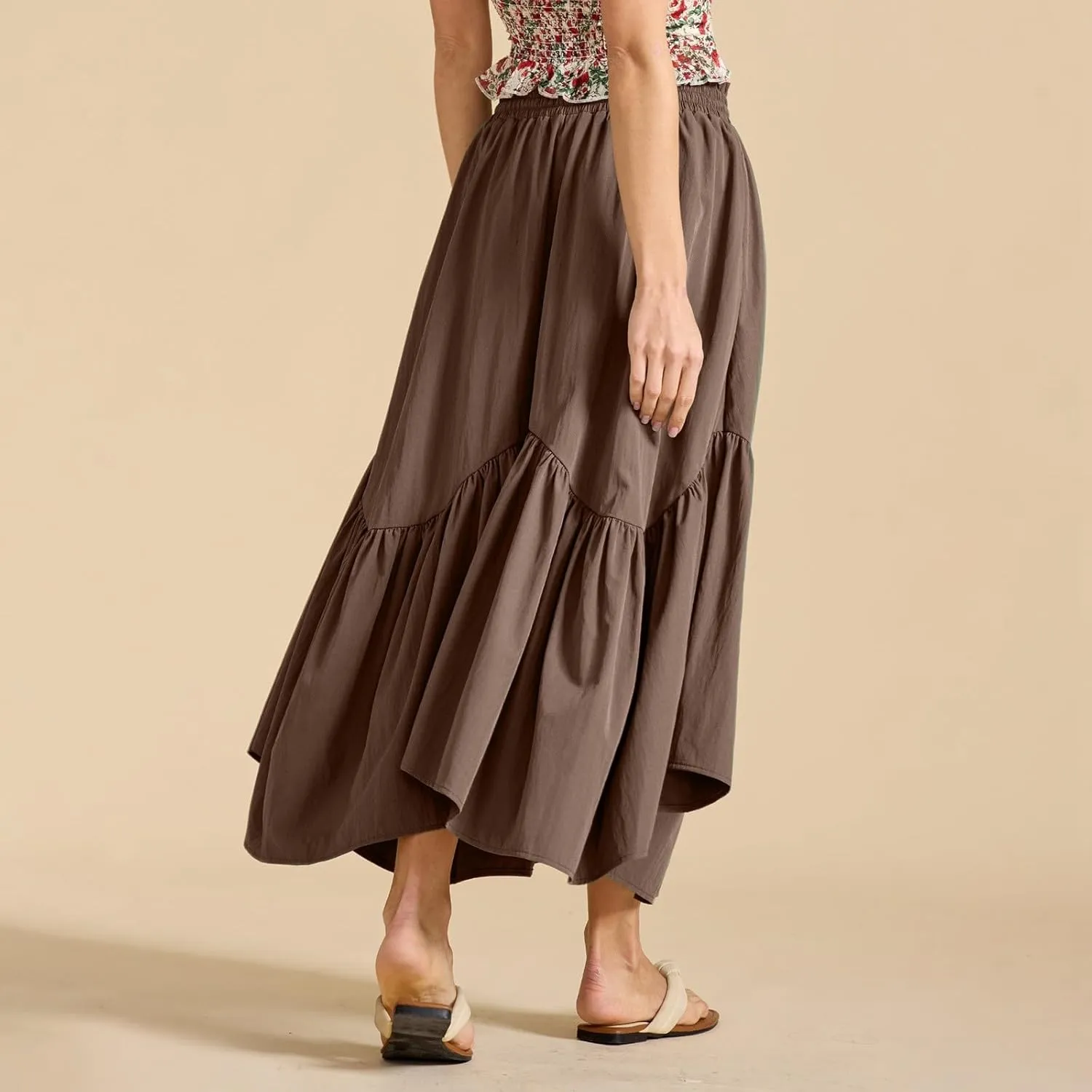 Tiered Maxi Skirts for Women Flowy Swing Elastic High Waisted Skirts Irregular Ruffle Hem Pleated Skirt with Pockets