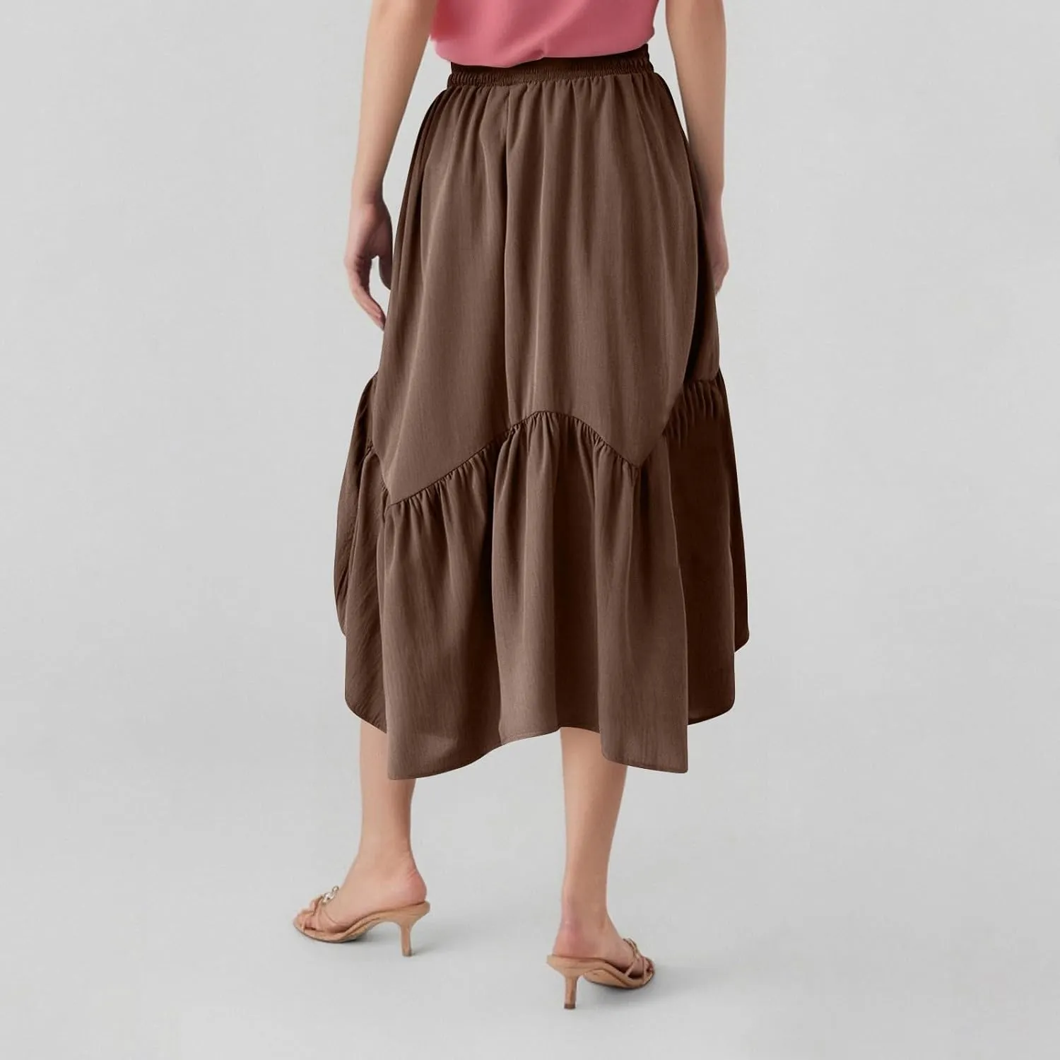 Tiered Maxi Skirts for Women Flowy Swing Elastic High Waisted Skirts Irregular Ruffle Hem Pleated Skirt with Pockets