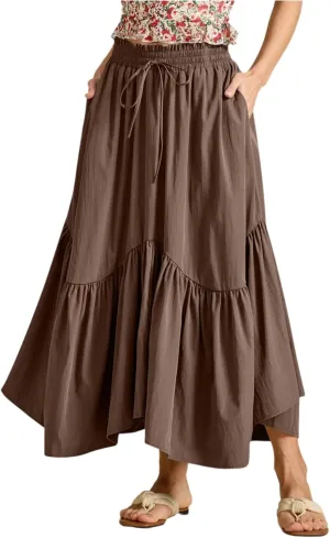 Tiered Maxi Skirts for Women Flowy Swing Elastic High Waisted Skirts Irregular Ruffle Hem Pleated Skirt with Pockets