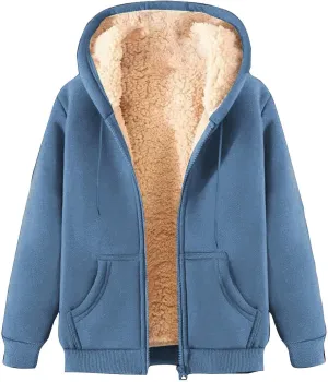 Uillui Women's Fleece Zip Up Hoodies Warm Cozy Sherpa Lined Jackets Fluffy Sweater Winter Faux Fur Hooded Coat with Pockets