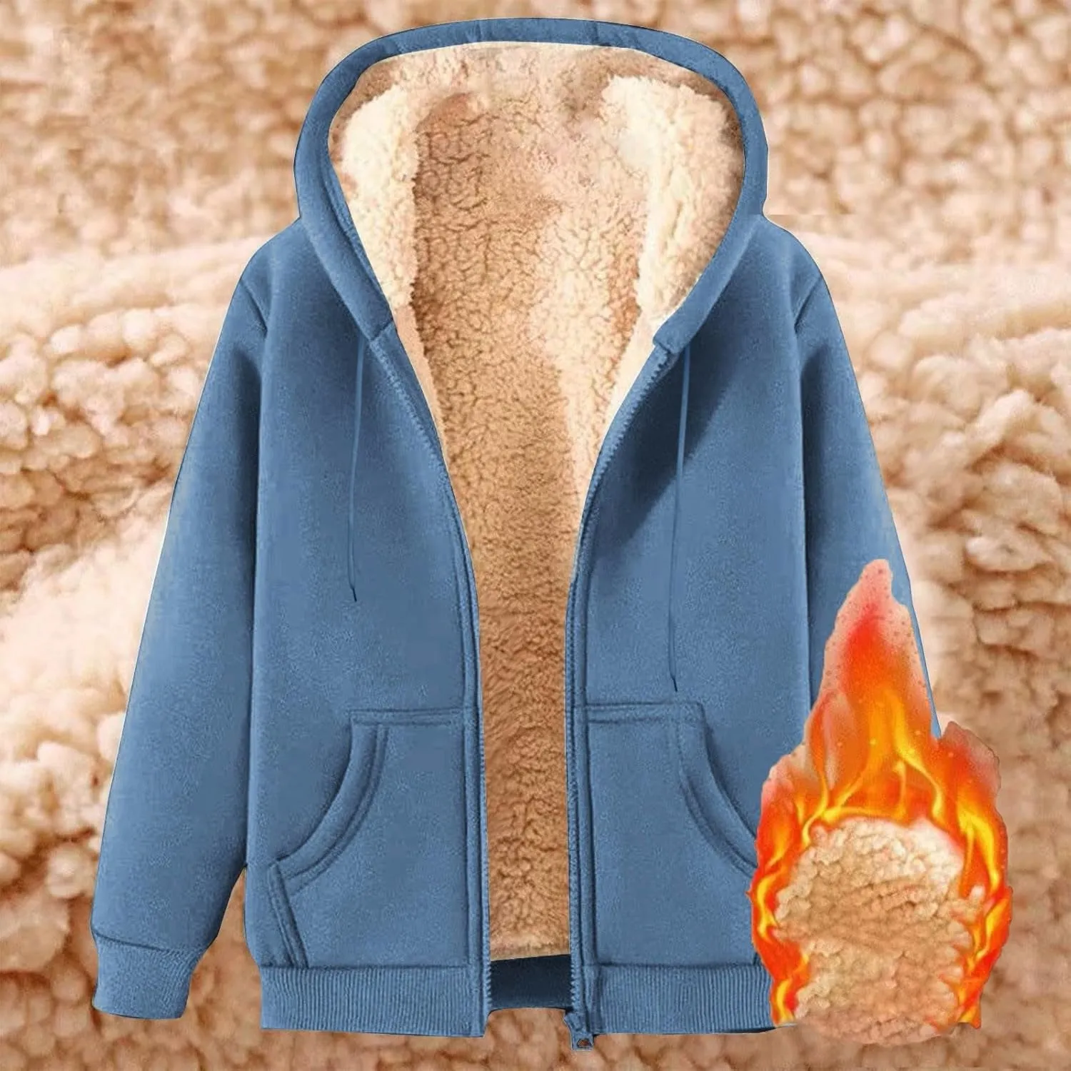 Uillui Women's Fleece Zip Up Hoodies Warm Cozy Sherpa Lined Jackets Fluffy Sweater Winter Faux Fur Hooded Coat with Pockets