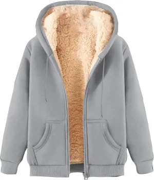 Uillui Women's Fleece Zip Up Hoodies Warm Cozy Sherpa Lined Jackets Fluffy Sweater Winter Faux Fur Hooded Coat with Pockets