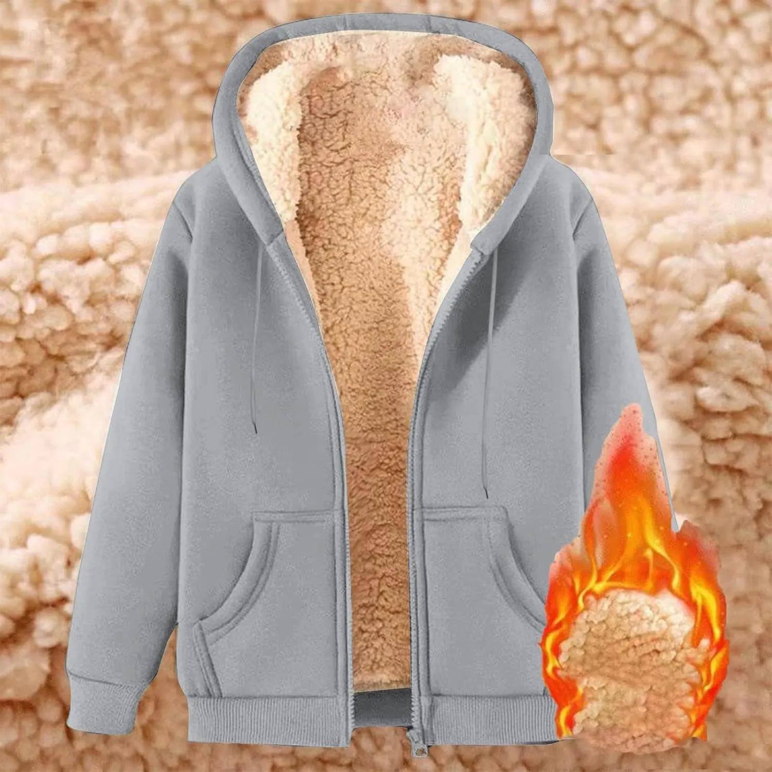 Uillui Women's Fleece Zip Up Hoodies Warm Cozy Sherpa Lined Jackets Fluffy Sweater Winter Faux Fur Hooded Coat with Pockets