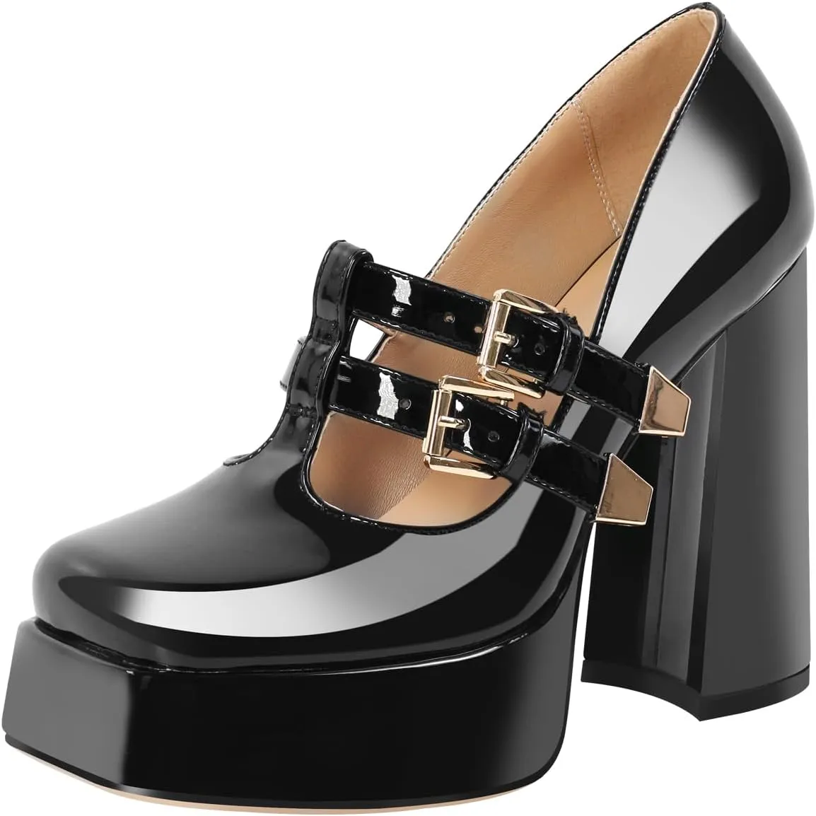 VERISSON Closed Toe Slip on Platform Pumps Buckle Strappy Square Toe Chunky Heels Loafers Pumps