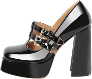 VERISSON Closed Toe Slip on Platform Pumps Buckle Strappy Square Toe Chunky Heels Loafers Pumps