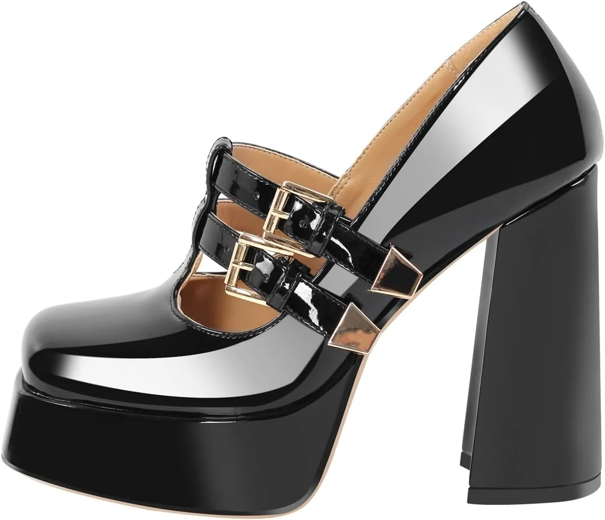 VERISSON Closed Toe Slip on Platform Pumps Buckle Strappy Square Toe Chunky Heels Loafers Pumps