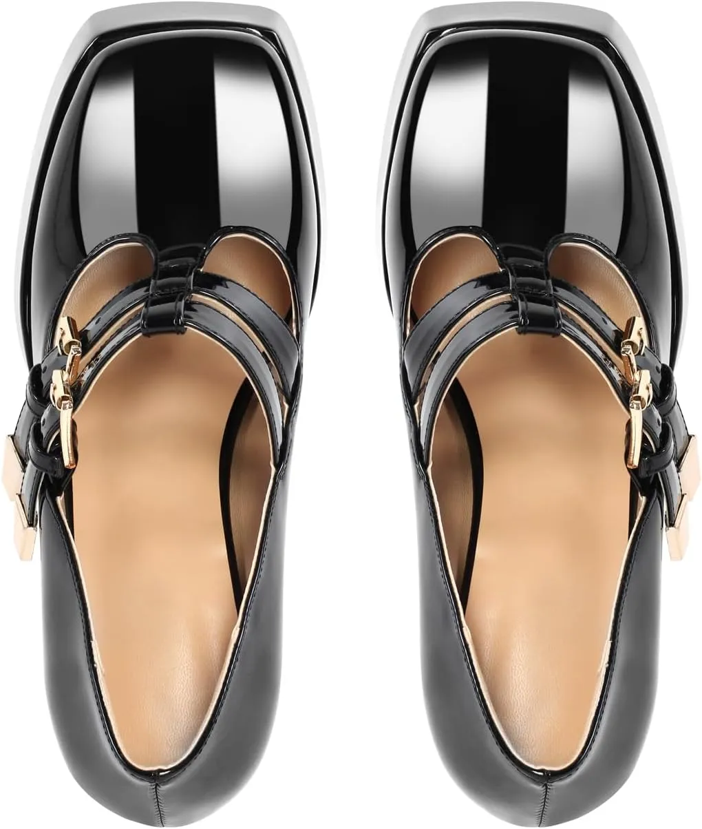 VERISSON Closed Toe Slip on Platform Pumps Buckle Strappy Square Toe Chunky Heels Loafers Pumps