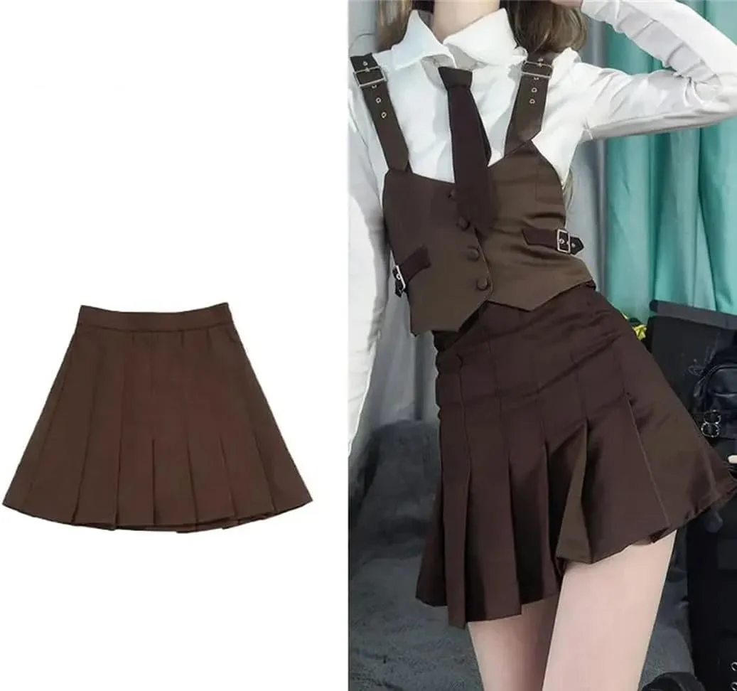 Vintage Brown Mini Skirts High Waist Women Pleated Skirt