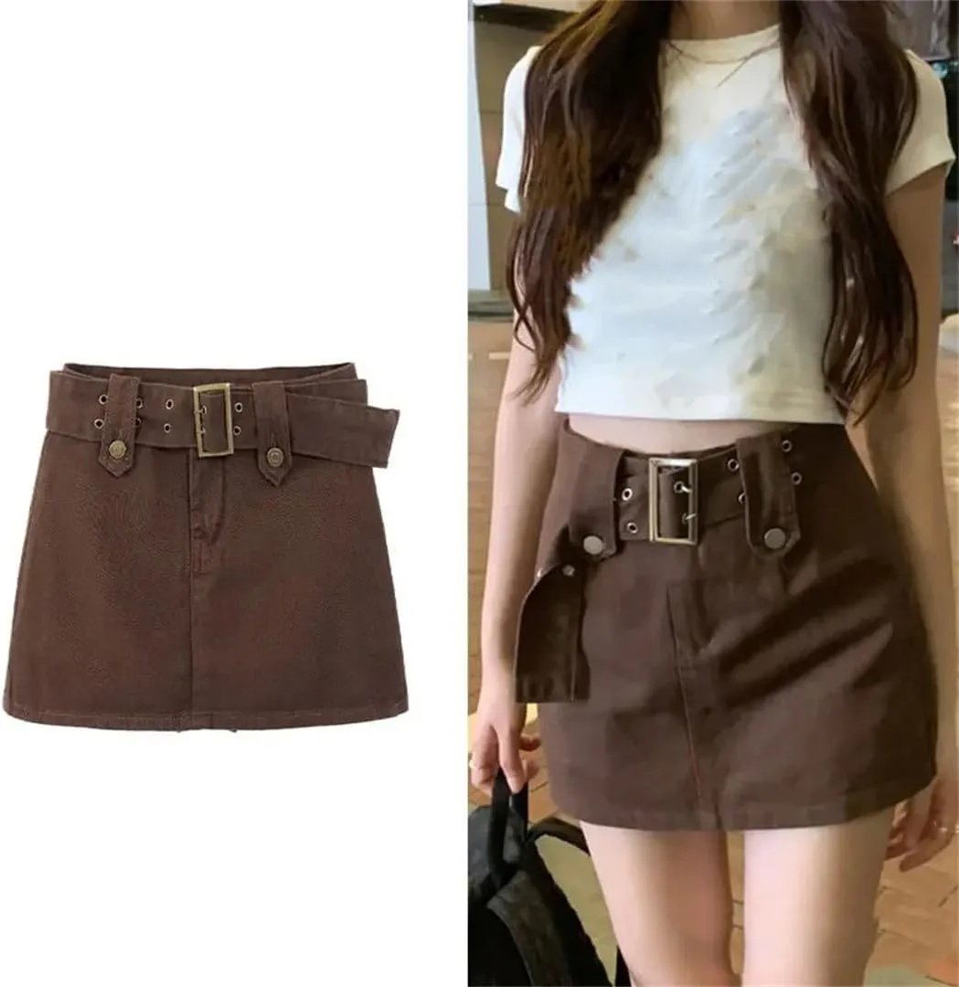 Vintage Brown Mini Skirts High Waist Women Pleated Skirt