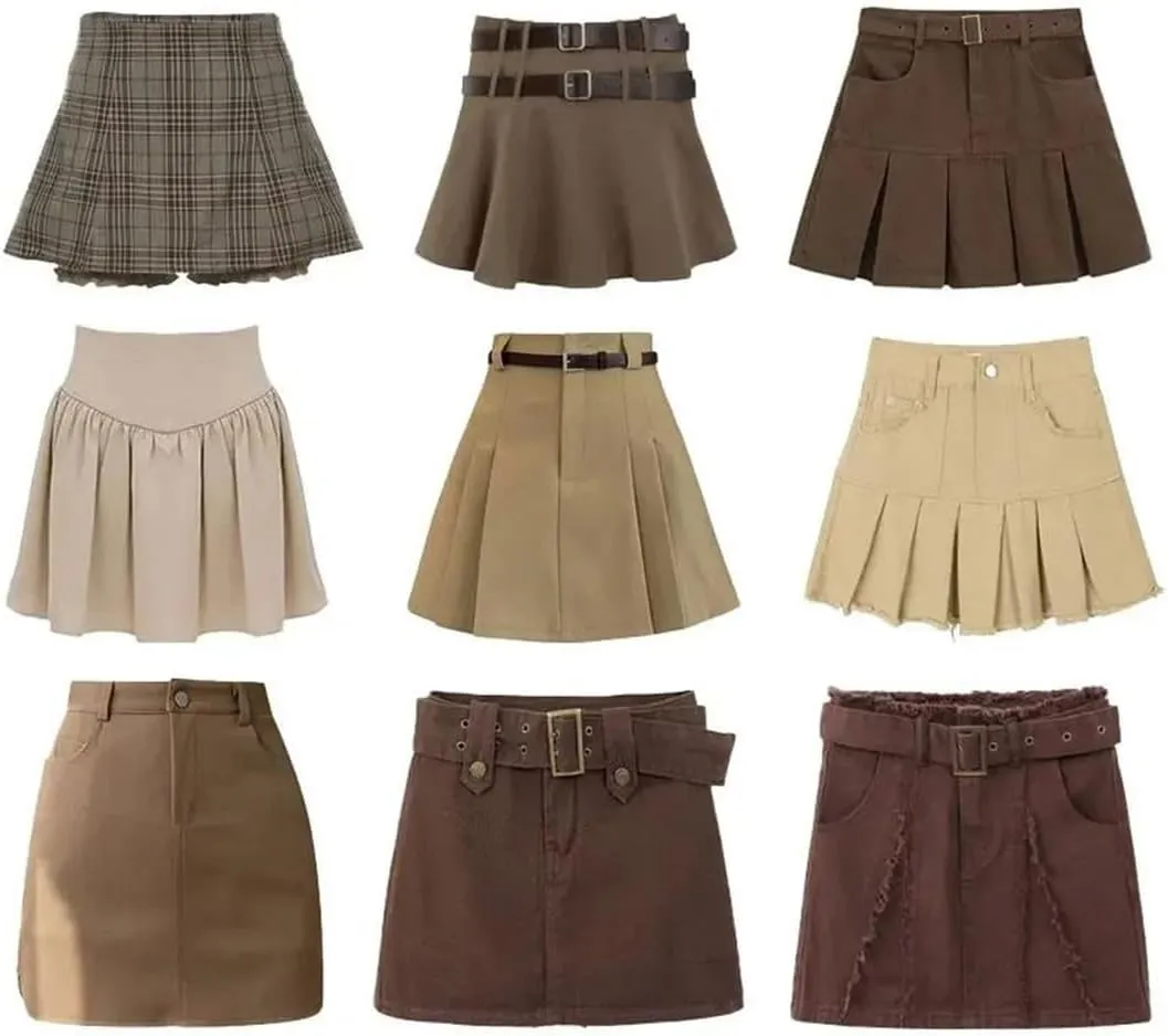 Vintage Brown Mini Skirts High Waist Women Pleated Skirt