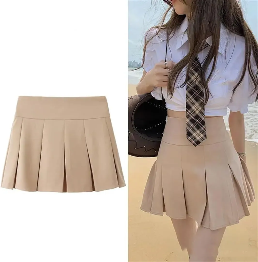 Vintage Brown Mini Skirts High Waist Women Pleated Skirt