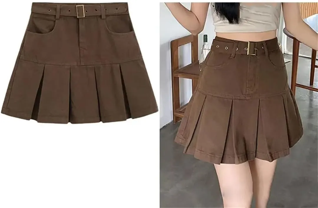Vintage Brown Mini Skirts High Waist Women Pleated Skirt