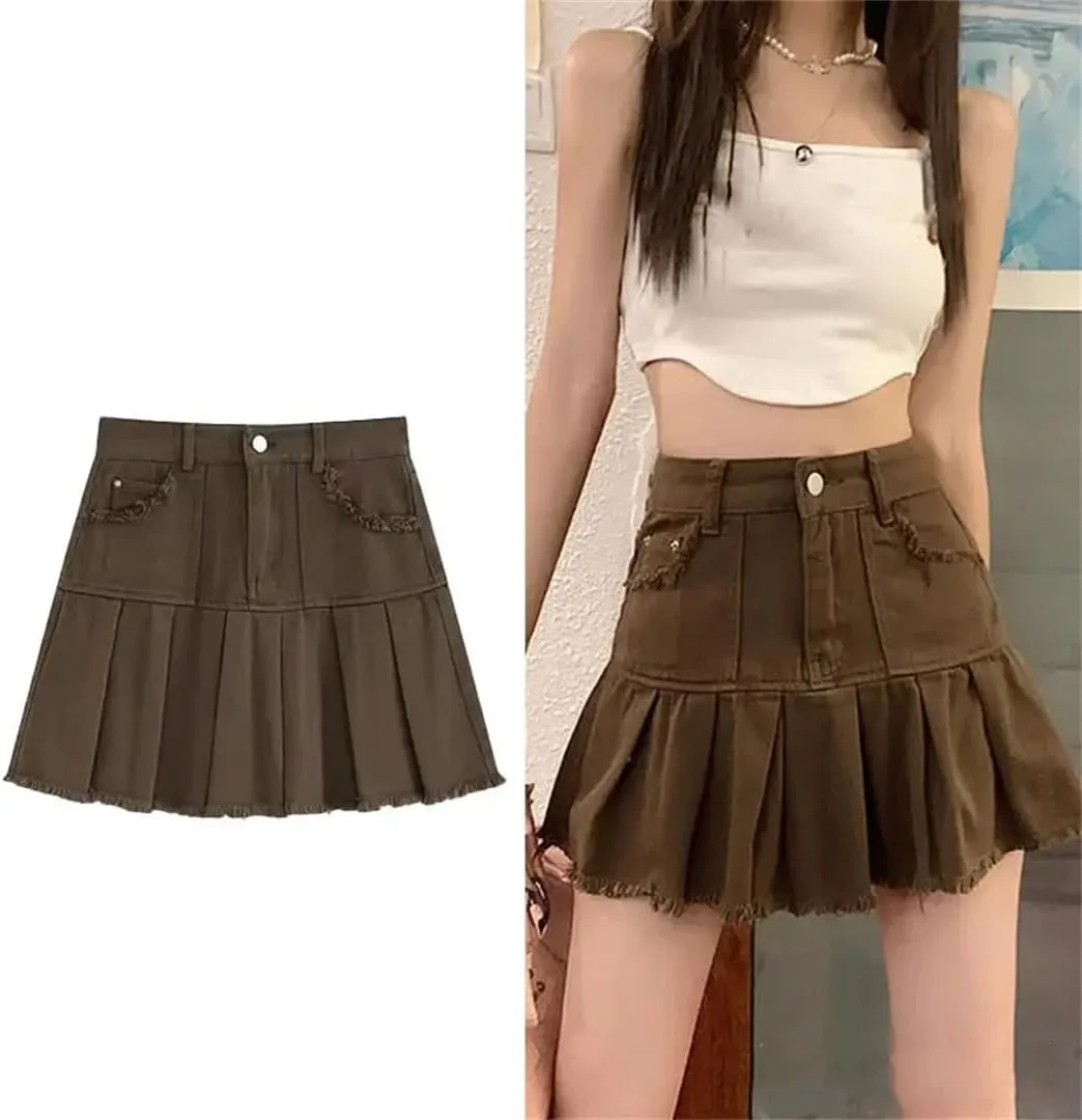 Vintage Brown Mini Skirts High Waist Women Pleated Skirt