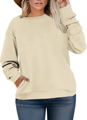 VISLILY Womens Plus Size Sweatshirts Cute Tops Dressy Long Sleeve Oversized Tees Going Out Crew Neck Pullover 4Xl Apricot