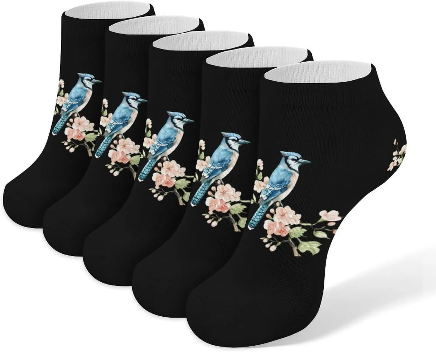 Watercolor Blue Jay with Flowers 5 Pairs Low Cut Ankle Socks for Men Women Athletic Running Socks No Show Breathable