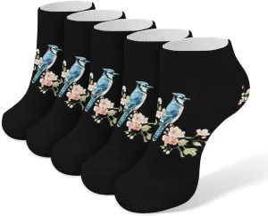 Watercolor Blue Jay with Flowers 5 Pairs Low Cut Ankle Socks for Men Women Athletic Running Socks No Show Breathable