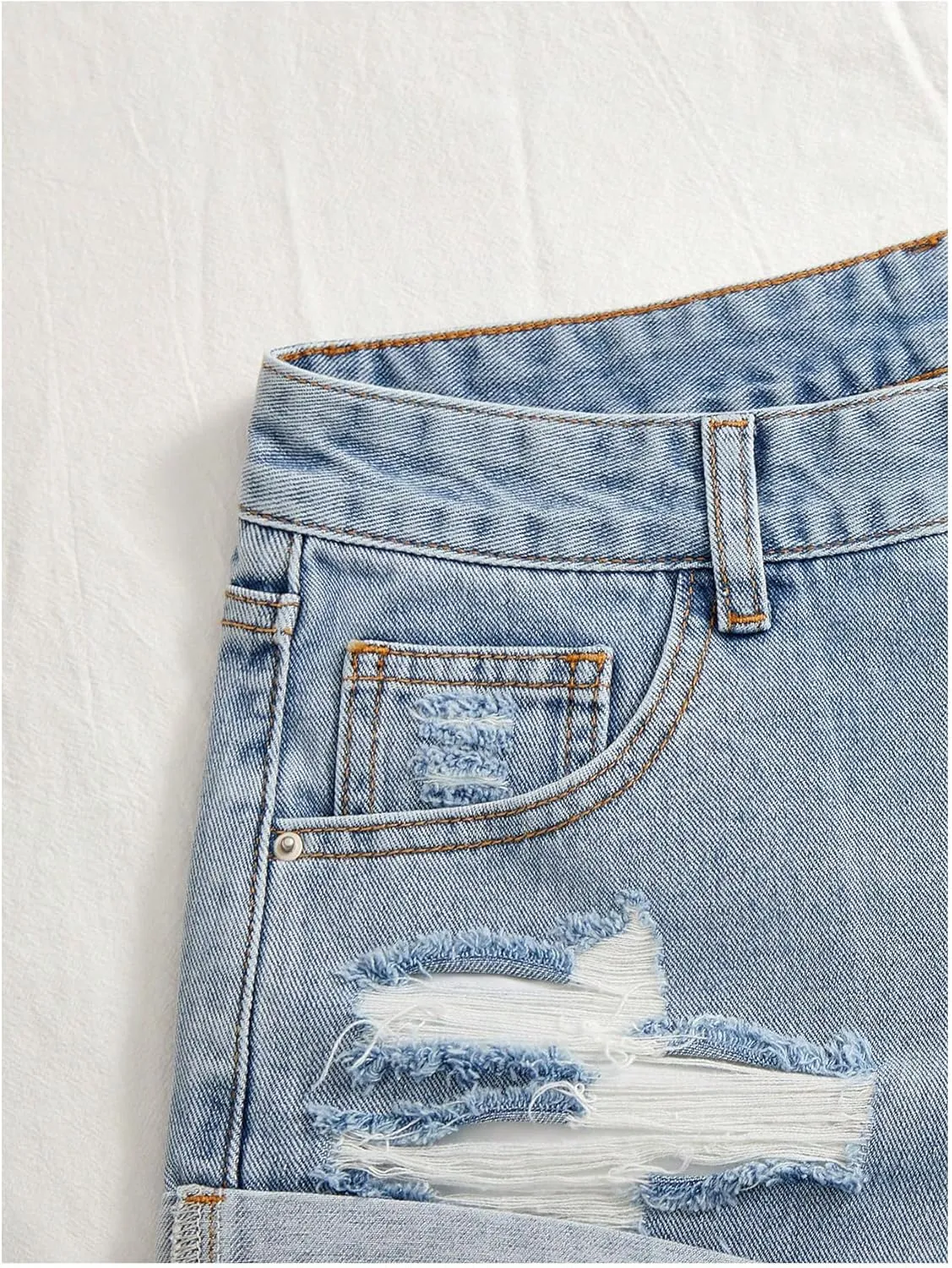 WDIRARA Women's High Waisted Button Ripped Roll Up Hem Denim Shorts with Pockets