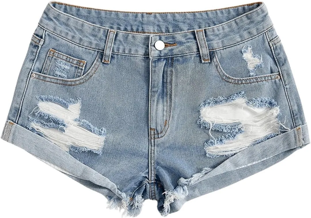 WDIRARA Women's High Waisted Button Ripped Roll Up Hem Denim Shorts with Pockets