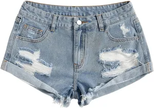 WDIRARA Women's High Waisted Button Ripped Roll Up Hem Denim Shorts with Pockets