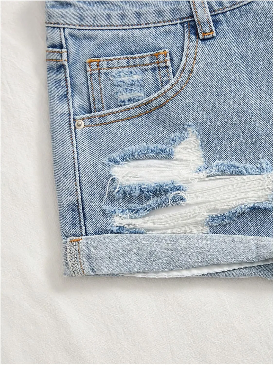 WDIRARA Women's High Waisted Button Ripped Roll Up Hem Denim Shorts with Pockets