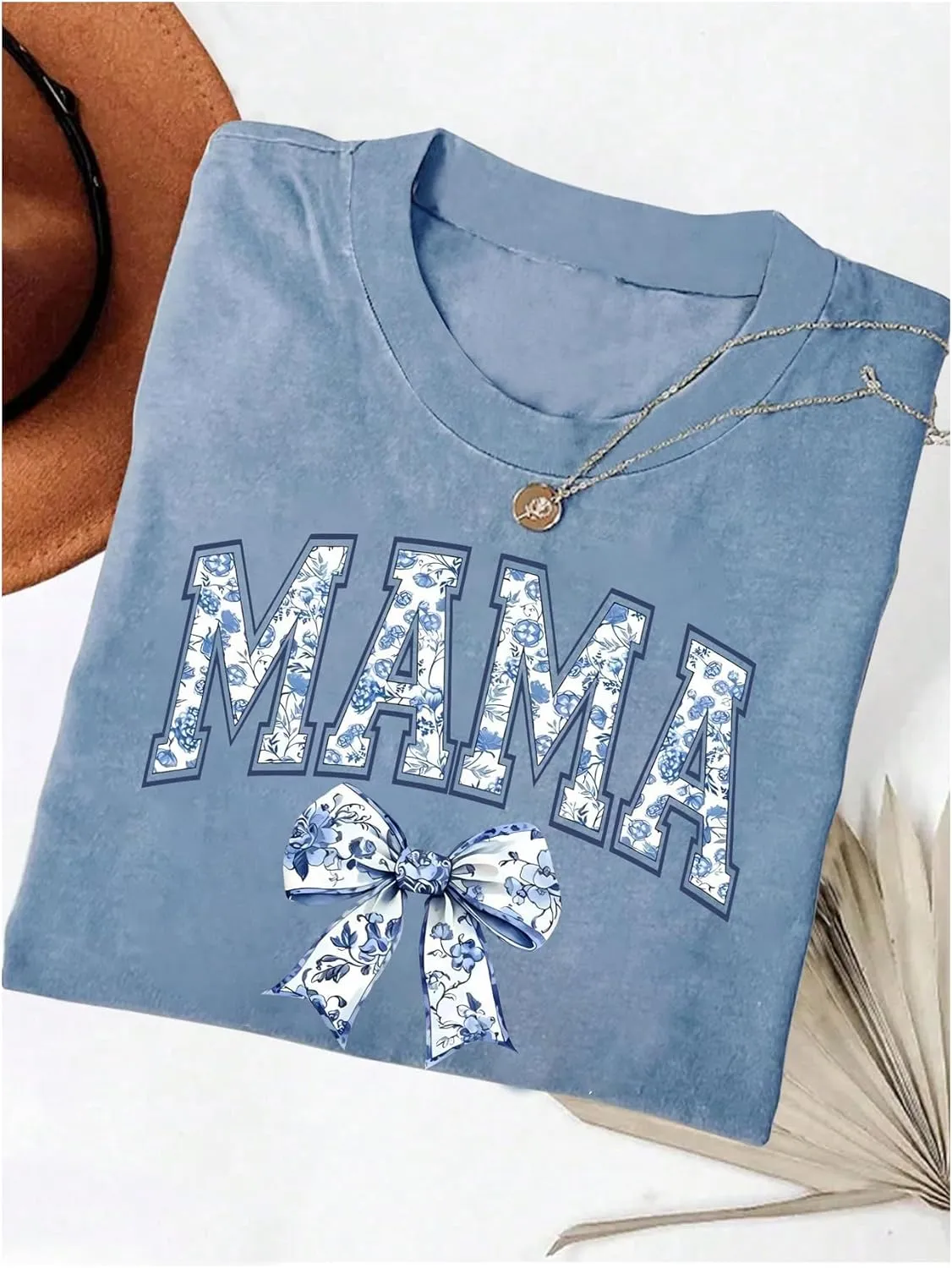WDIRARA Women's Oversized Mama Letter Print Tees Floral Bowknot T Shirt Crew Neck Short Sleeve Tops