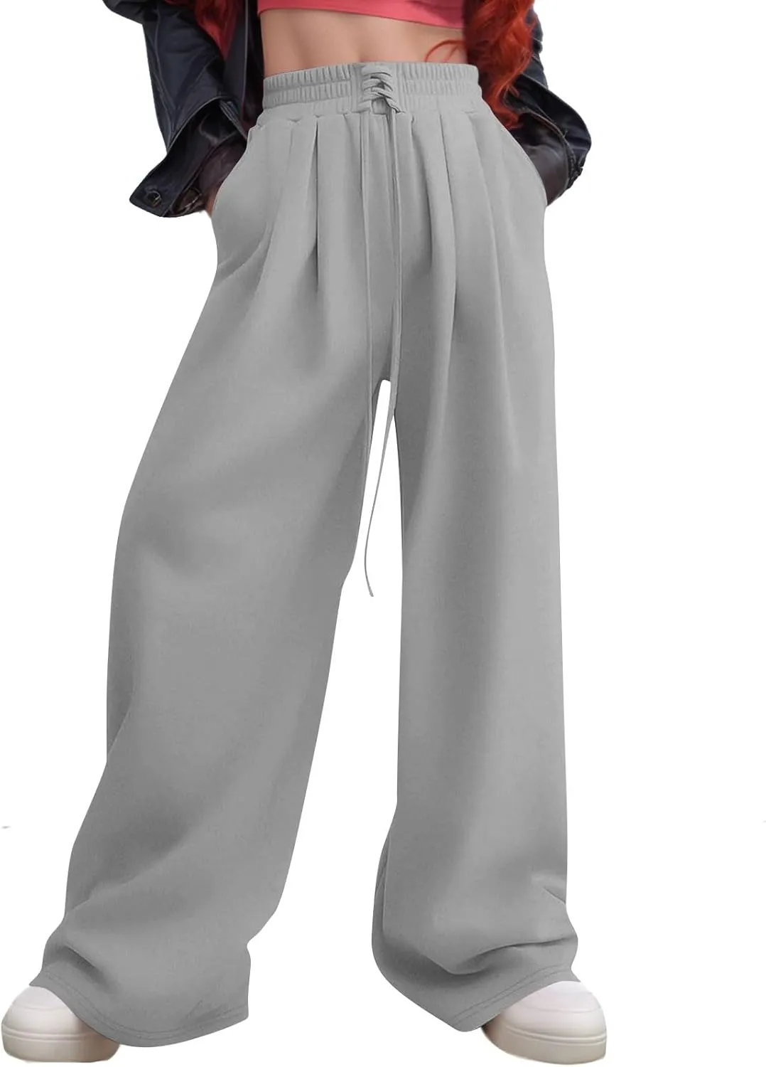 Wide Leg Sweatpants Women Baggy Fleece Cute Y2k Drawstring High Waisted Sweat Pants Flowy Palazzo Comfy Lounge Pants