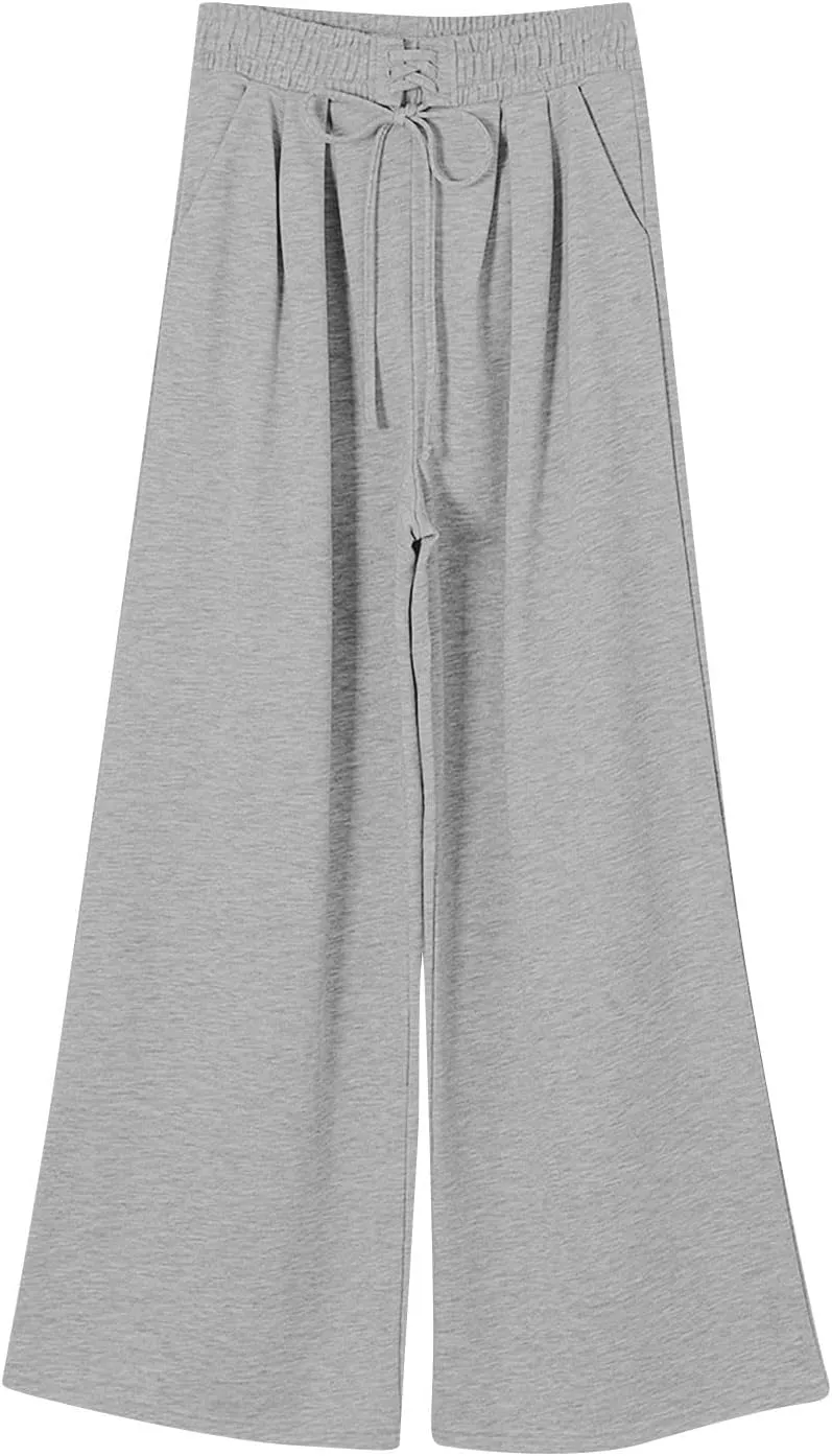 Wide Leg Sweatpants Women Baggy Fleece Cute Y2k Drawstring High Waisted Sweat Pants Flowy Palazzo Comfy Lounge Pants