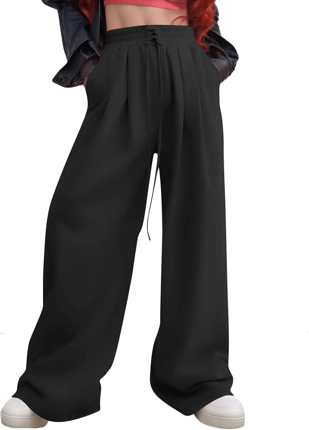 Wide Leg Sweatpants Women Baggy Fleece Lined Cute Y2k Drawstring High Waisted Sweat Pants Flowy Palazzo Lounge Pants
