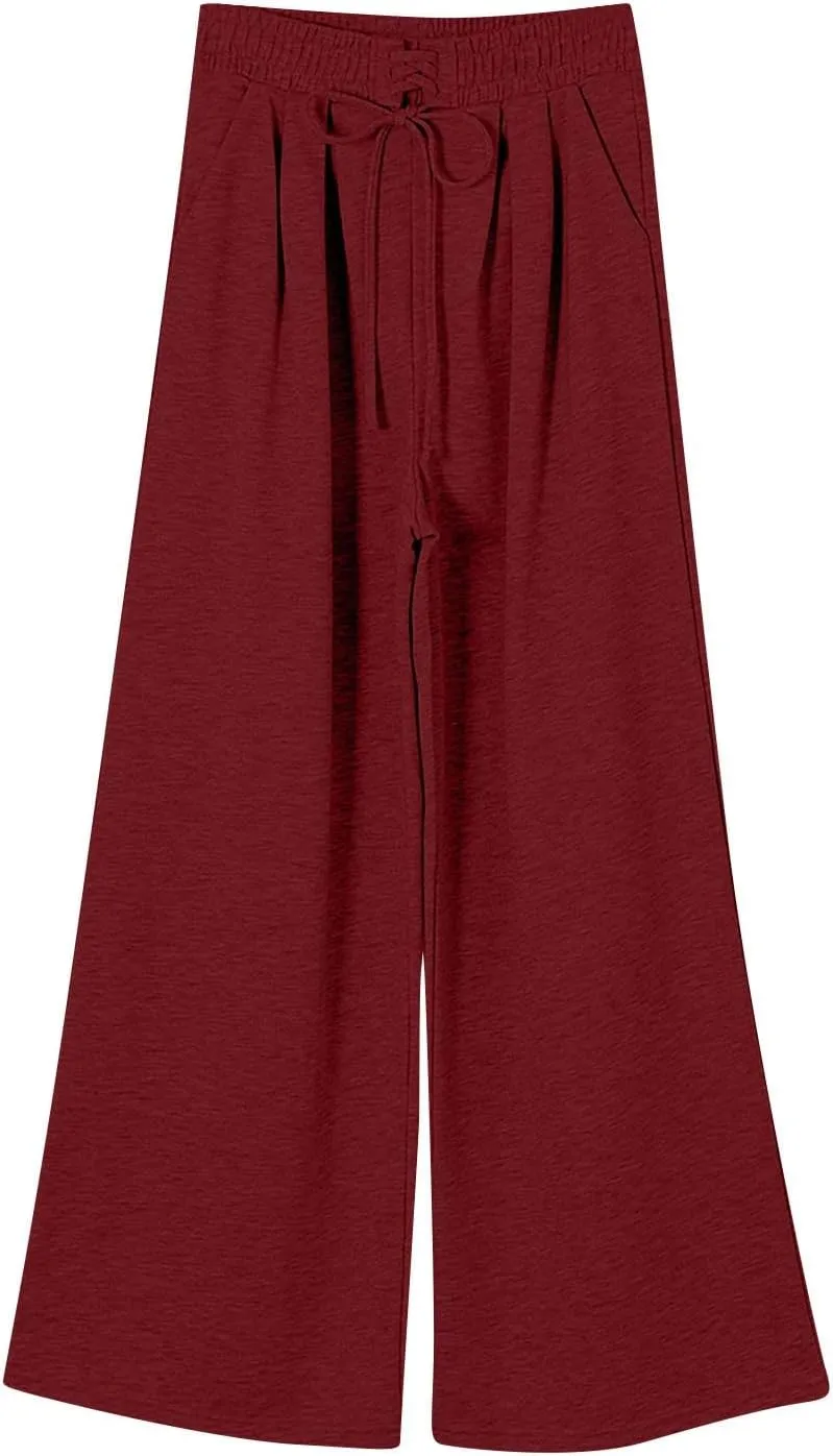 Wide Leg Sweatpants Women Baggy Fleece Lined Cute Y2k Drawstring High Waisted Sweat Pants Flowy Palazzo Lounge Pants