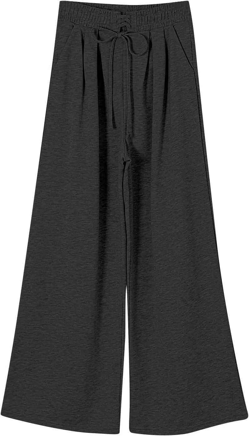 Wide Leg Sweatpants Women Baggy Fleece Lined Cute Y2k Drawstring High Waisted Sweat Pants Flowy Palazzo Lounge Pants