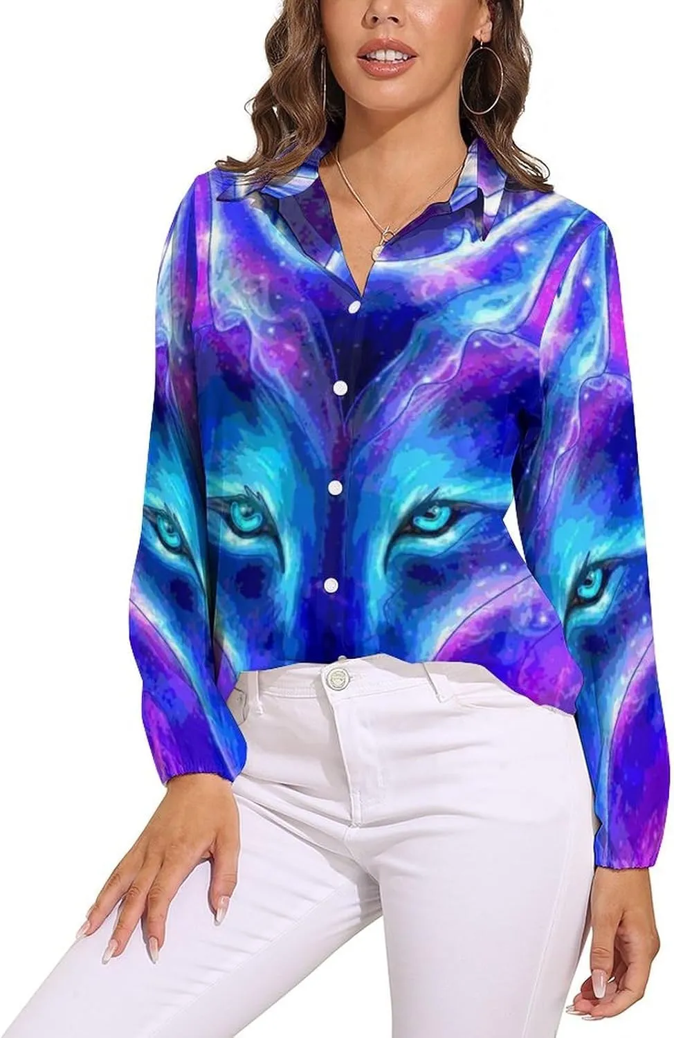 Wolf in A Galaxy Women's Shirt Casual Button Down Long Sleeve Shirts V Neck Blouses Slim Fit Tops