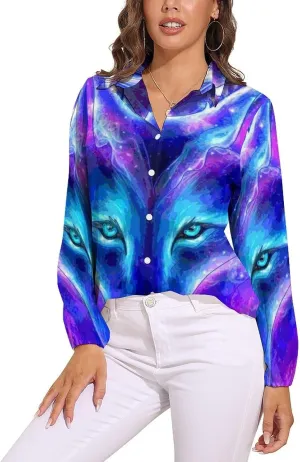 Wolf in A Galaxy Women's Shirt Casual Button Down Long Sleeve Shirts V Neck Blouses Slim Fit Tops