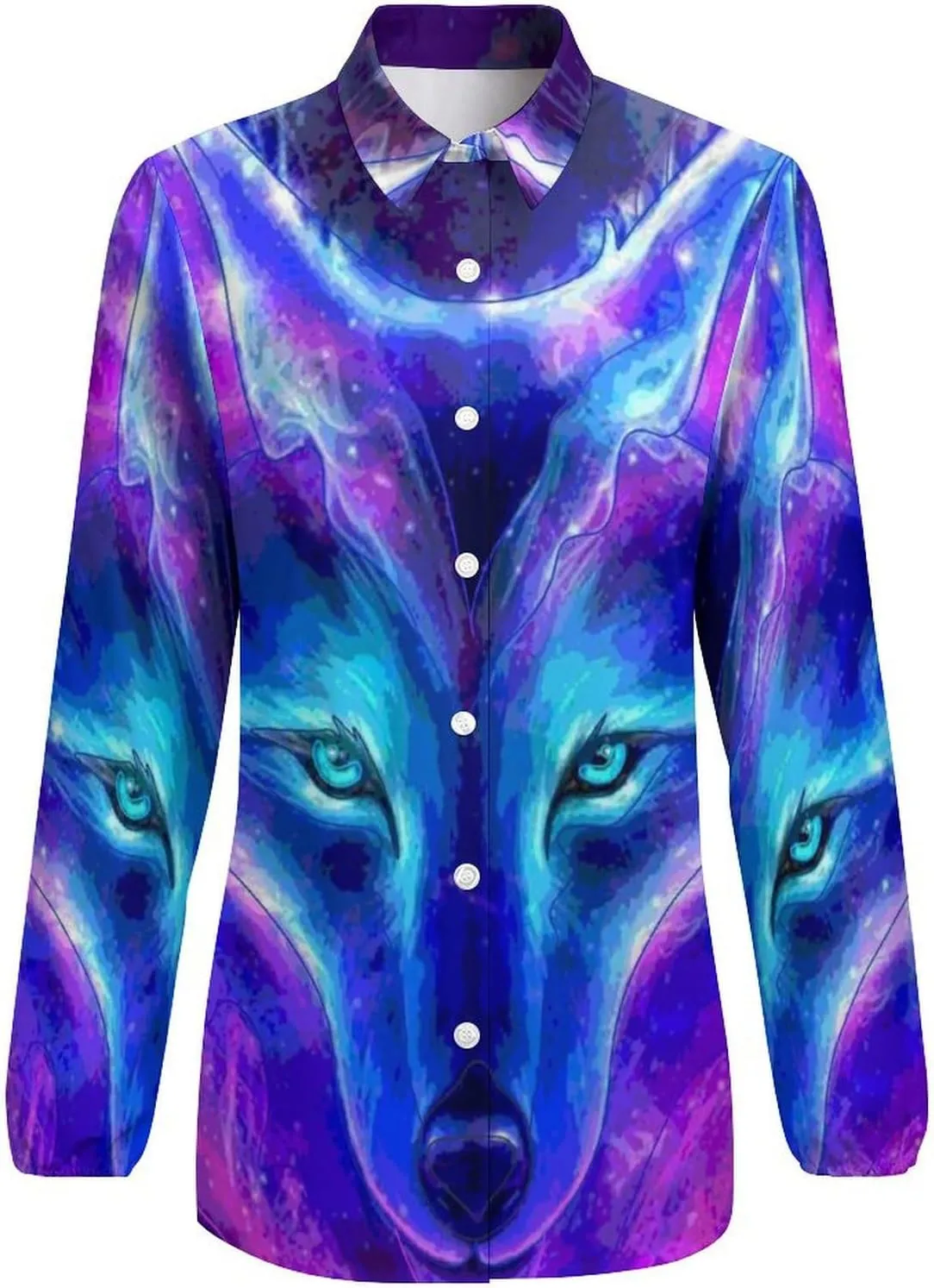 Wolf in A Galaxy Women's Shirt Casual Button Down Long Sleeve Shirts V Neck Blouses Slim Fit Tops