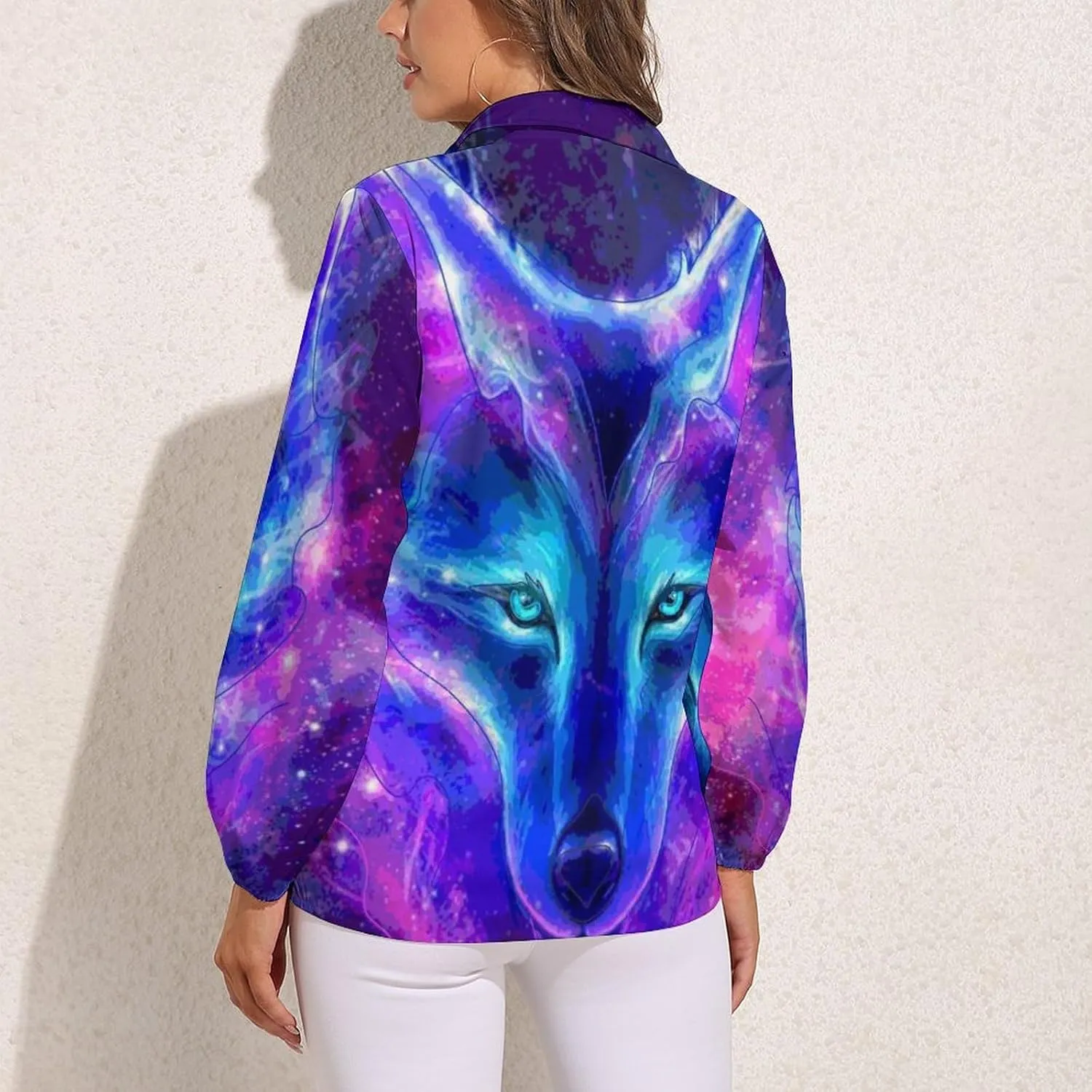 Wolf in A Galaxy Women's Shirt Casual Button Down Long Sleeve Shirts V Neck Blouses Slim Fit Tops