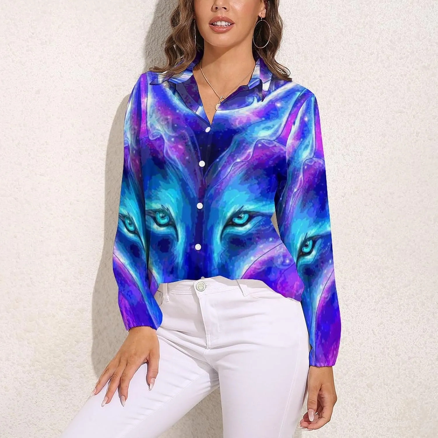 Wolf in A Galaxy Women's Shirt Casual Button Down Long Sleeve Shirts V Neck Blouses Slim Fit Tops