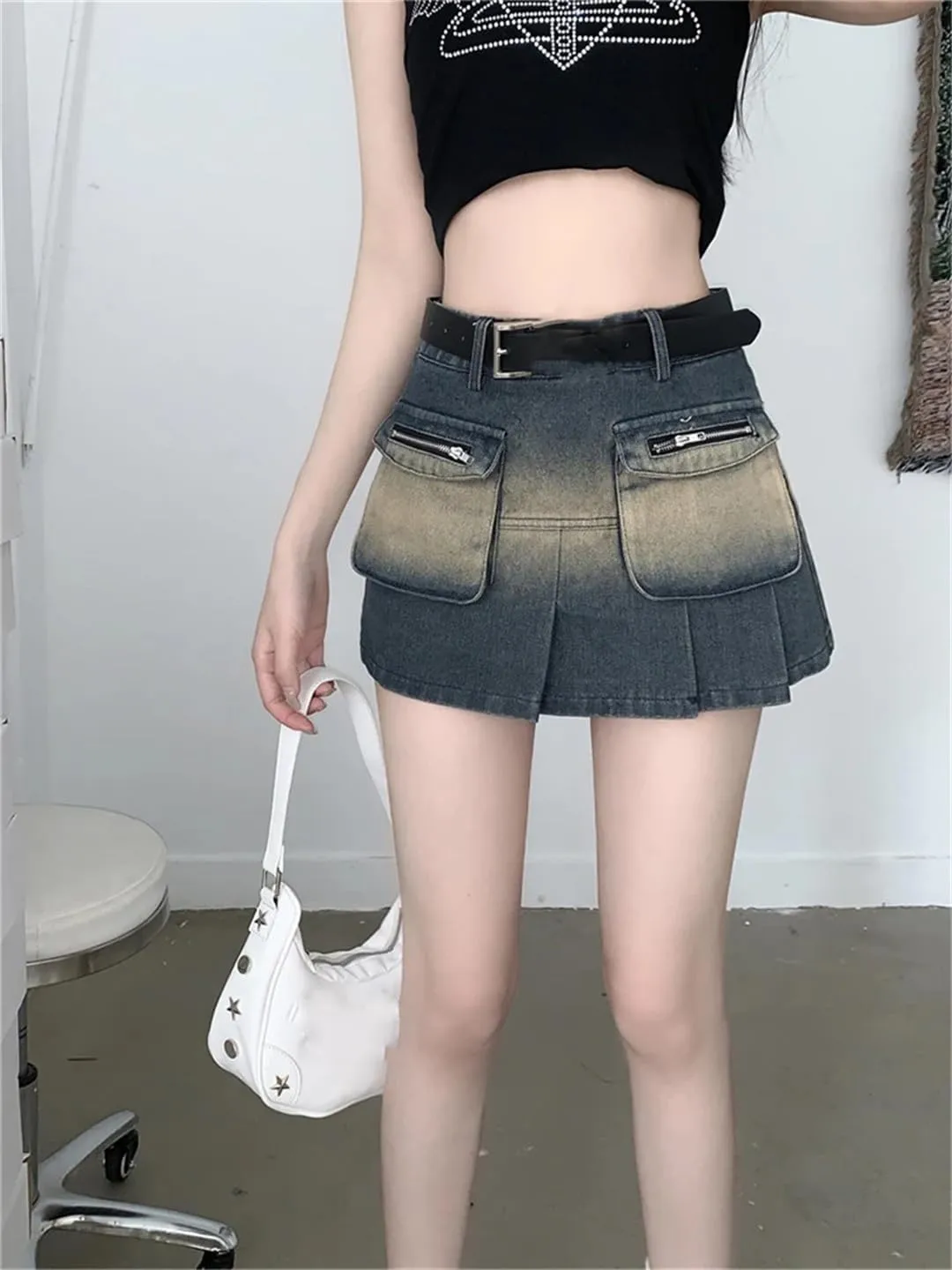 Women A-Line Pleated Denim Skirt Vintage Cargo Jean Mini Skirts