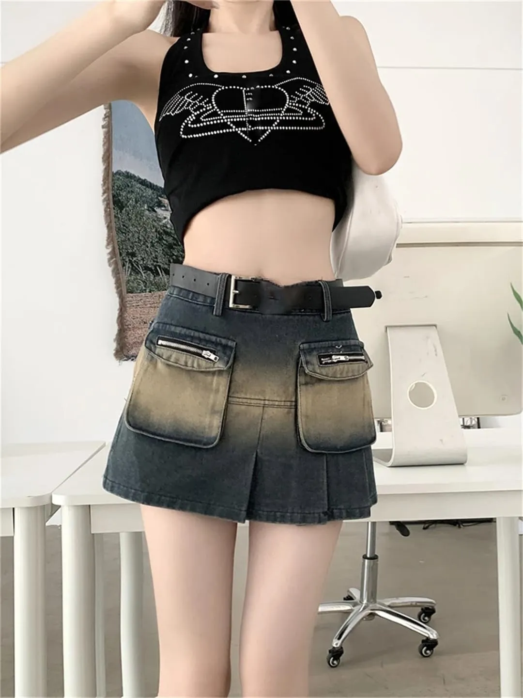 Women A-Line Pleated Denim Skirt Vintage Cargo Jean Mini Skirts