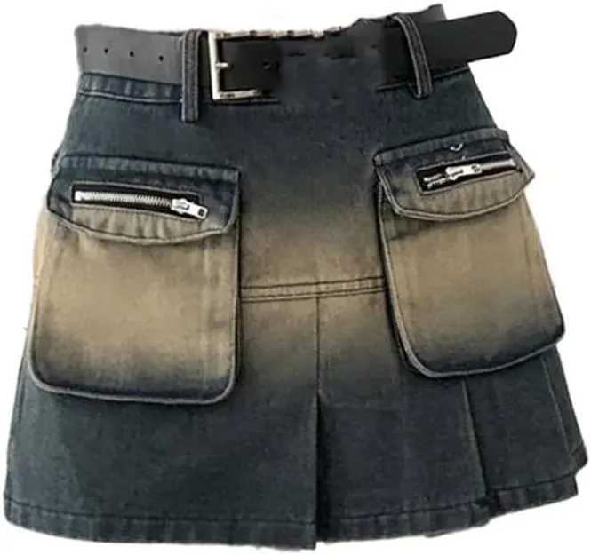 Women A-Line Pleated Denim Skirt Vintage Cargo Jean Mini Skirts