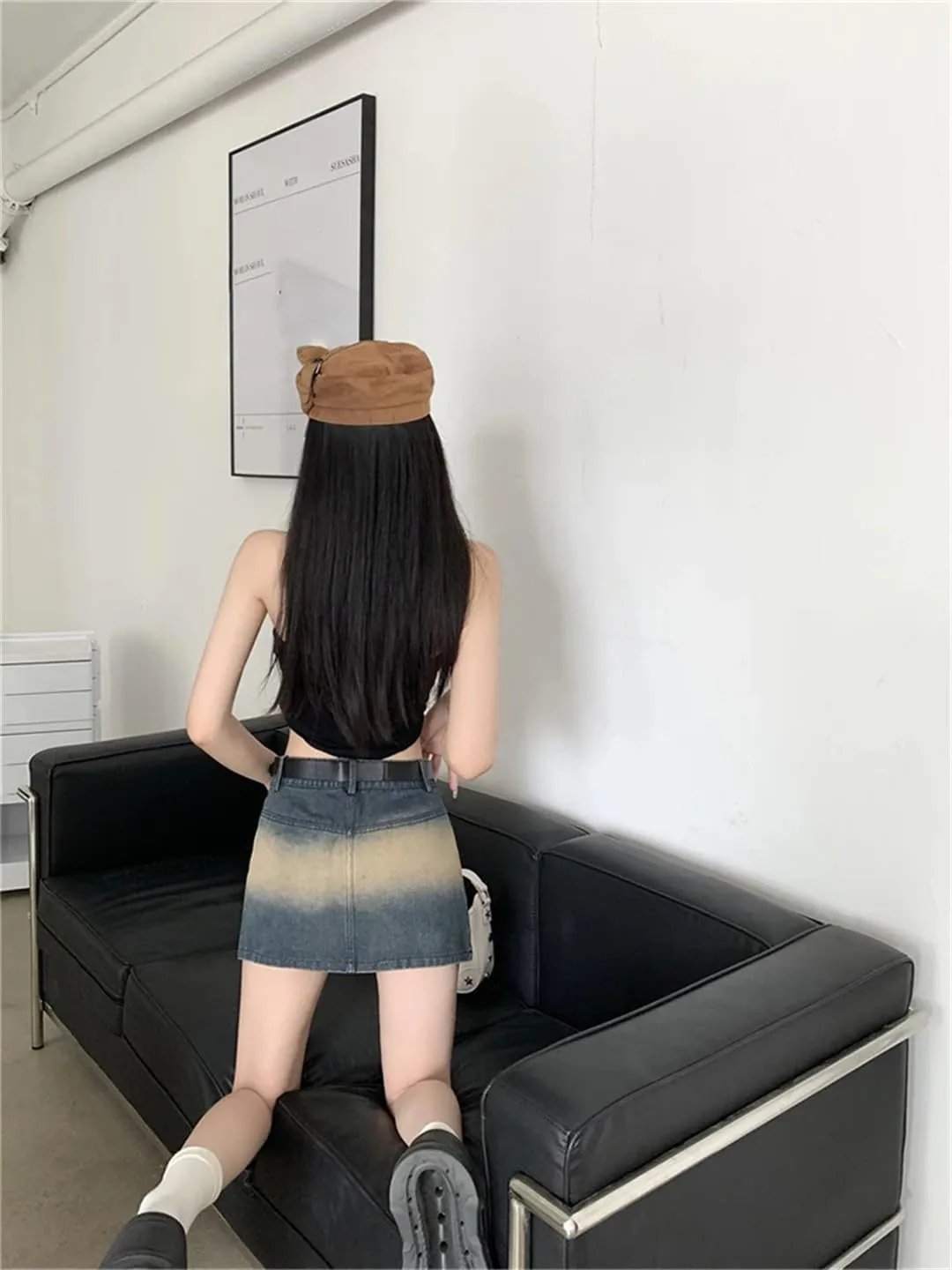 Women A-Line Pleated Denim Skirt Vintage Cargo Jean Mini Skirts