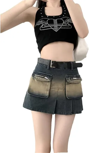 Women A-Line Pleated Denim Skirt Vintage Cargo Jean Mini Skirts