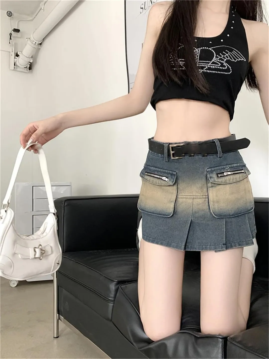 Women A-Line Pleated Denim Skirt Vintage Cargo Jean Mini Skirts