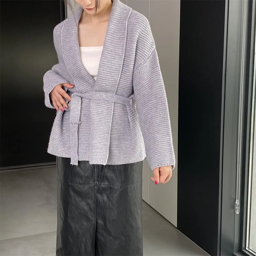 Women Belt Gathered Waist Knitting Sweater Coat, Casual Cardigan Sweaters for Women, wrap Cardigan
