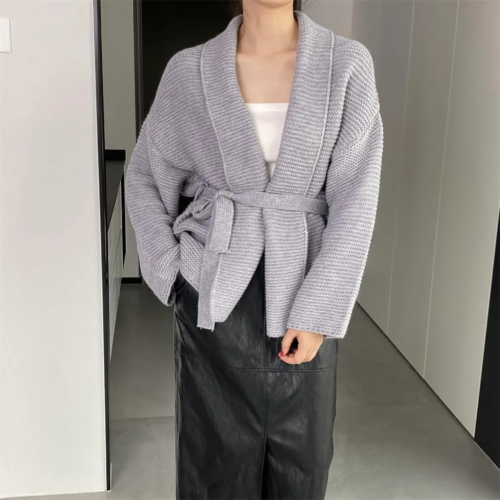 Women Belt Gathered Waist Knitting Sweater Coat, Casual Cardigan Sweaters for Women, wrap Cardigan