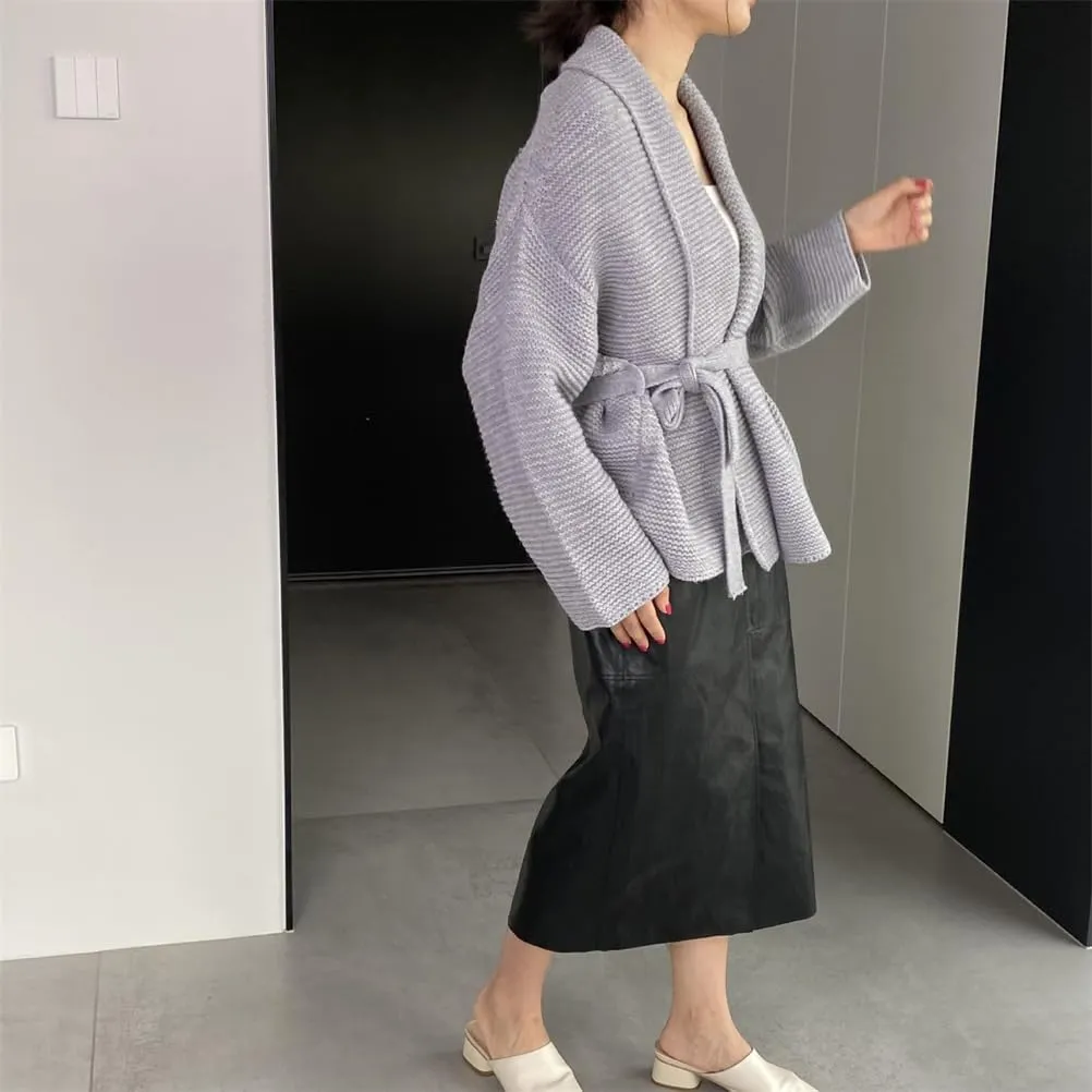 Women Belt Gathered Waist Knitting Sweater Coat, Casual Cardigan Sweaters for Women, wrap Cardigan