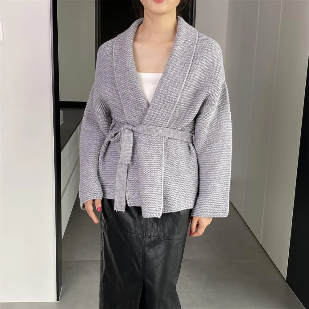 Women Belt Gathered Waist Knitting Sweater Coat, Casual Cardigan Sweaters for Women, wrap Cardigan