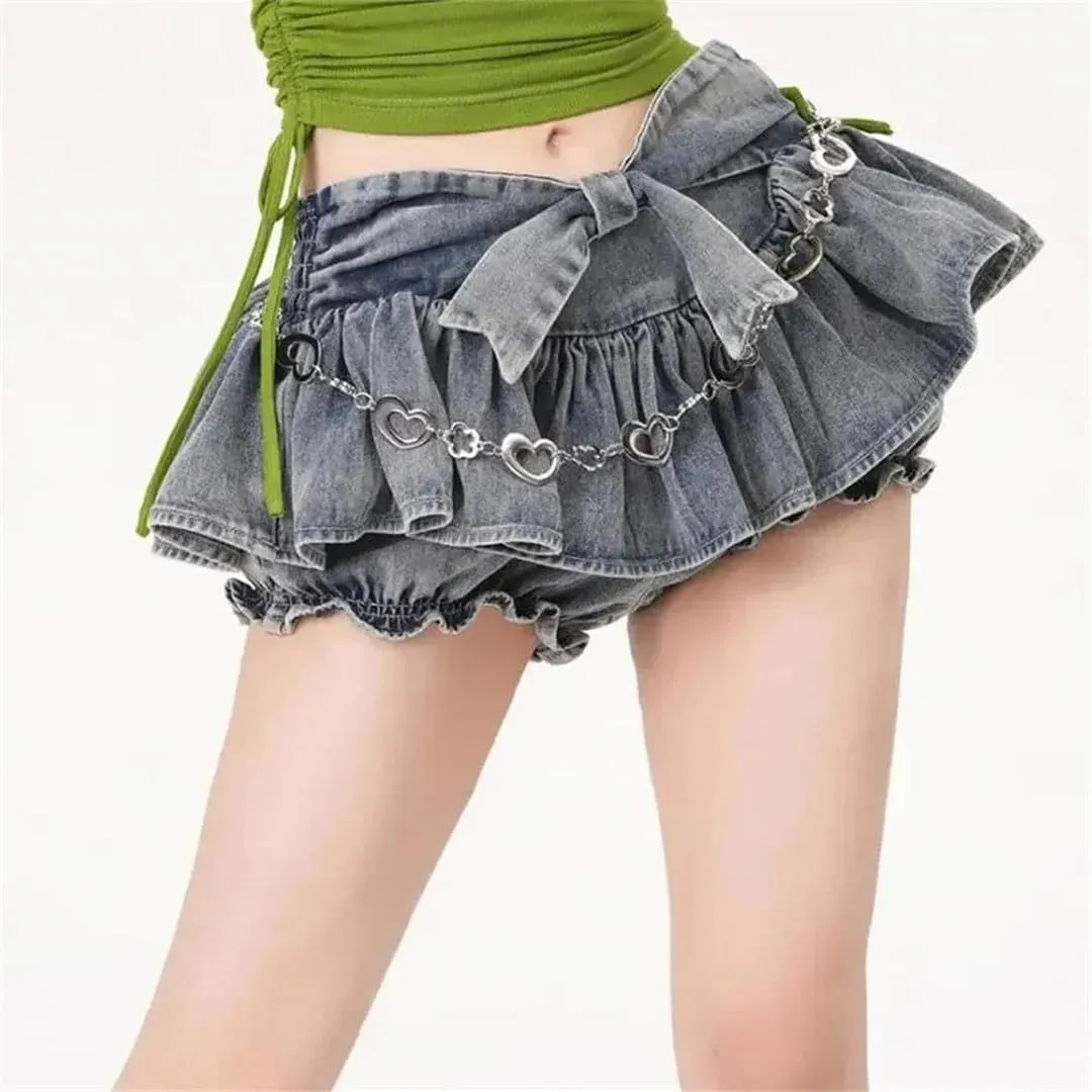 Women Bow Ruffle Denim Skirt Vintage Low Waist Sexy Pleated Mini Skirts