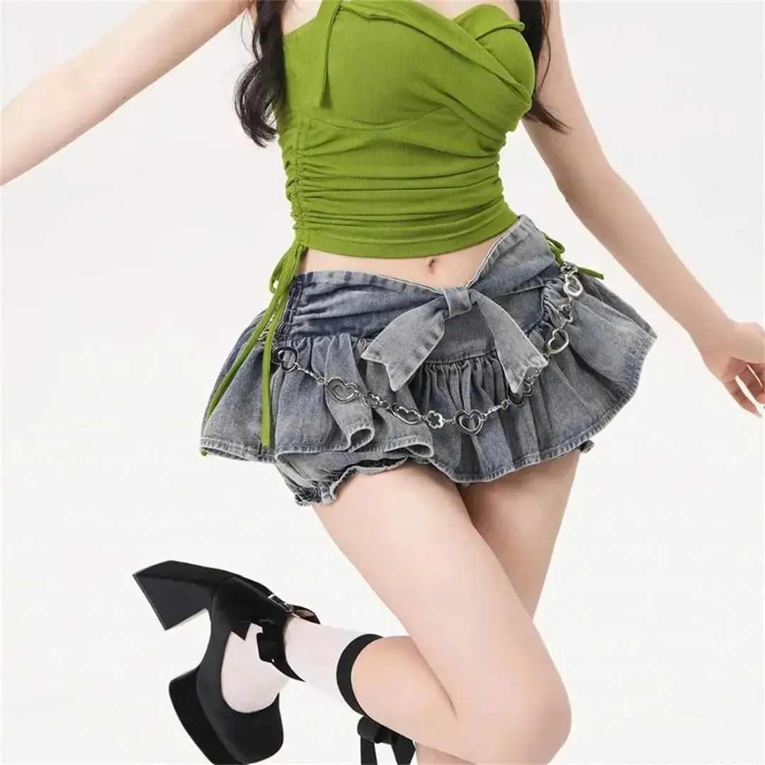 Women Bow Ruffle Denim Skirt Vintage Low Waist Sexy Pleated Mini Skirts