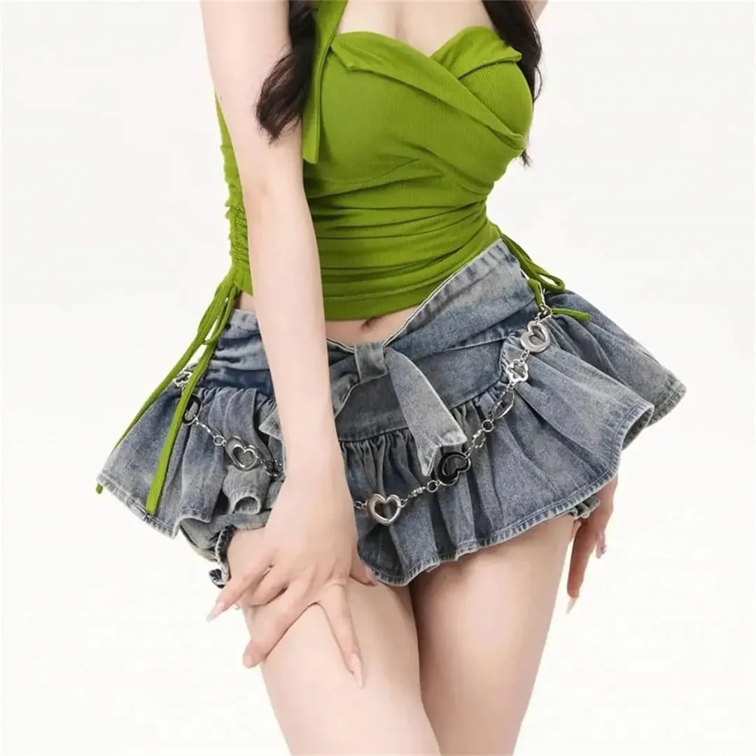 Women Bow Ruffle Denim Skirt Vintage Low Waist Sexy Pleated Mini Skirts