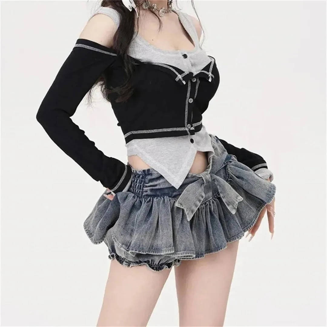 Women Bow Ruffle Denim Skirt Vintage Low Waist Sexy Pleated Mini Skirts